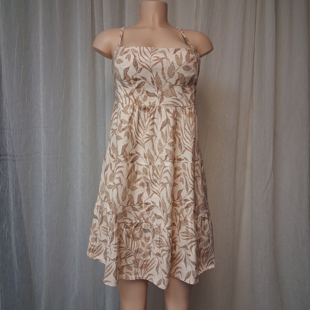Shore Women Size L Chic Strapless Cream and Brown Leaf Print Dress - Picture 9 of 16
